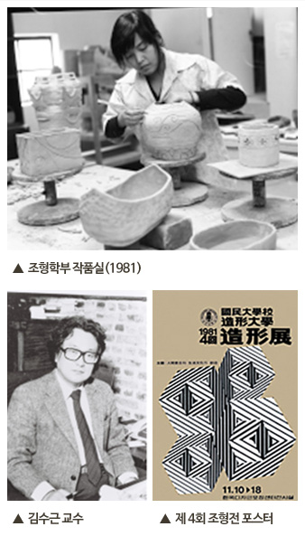 1. 조형학부 작품실(1981), 2. 김수근 교수, 3. 제4회 조형전 포스터
